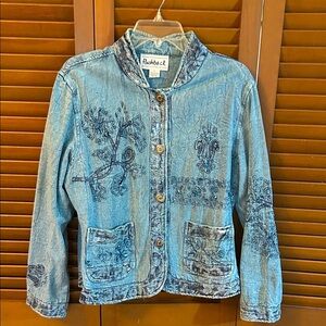 ^ EUC Women's Embroidered Blue Jean Jacket L